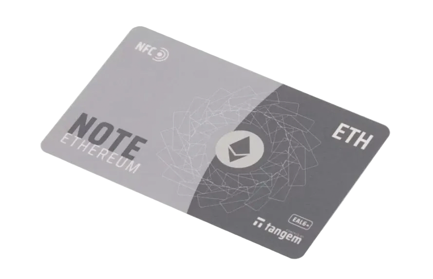 Tangem Note Ethereum hardware wallet card, angled view